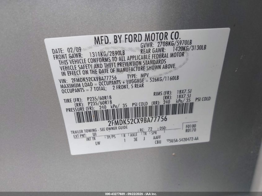 2009 Ford Flex Sel VIN: 2FMDK52CX9BA77756 Lot: 43277689