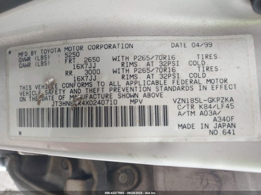 1999 Toyota 4Runner Limited V6 VIN: JT3HN87R4X0240710 Lot: 43277692