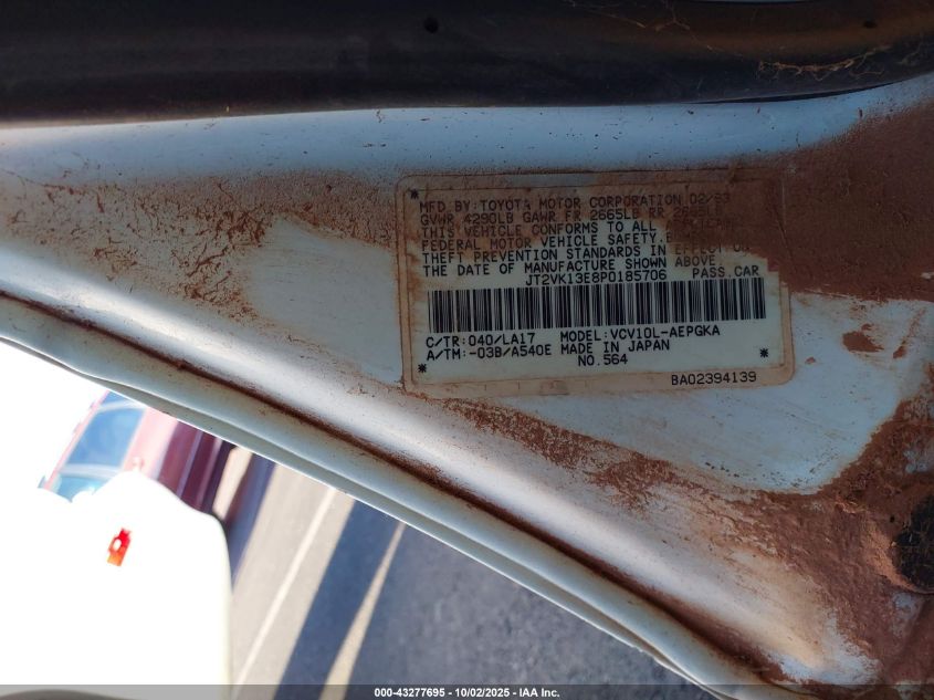 1993 Toyota Camry Xle VIN: JT2VK13E8P0185706 Lot: 43277695