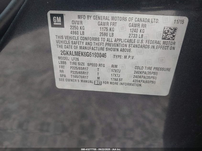 2016 GMC Terrain Sle-1 VIN: 2GKALMEK6G6193046 Lot: 43277709