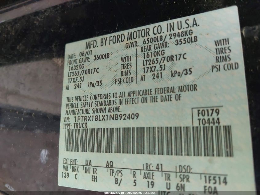2001 Ford F150 VIN: 1FTRX18LX1NB92409 Lot: 43277710