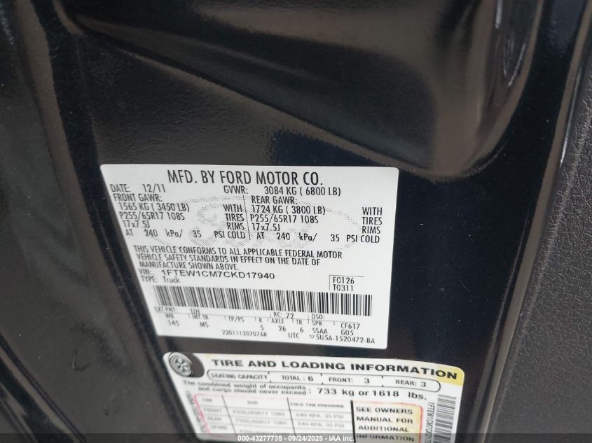 2012 Ford F-150 Xlt VIN: 1FTEW1CM7CKD17940 Lot: 43277735