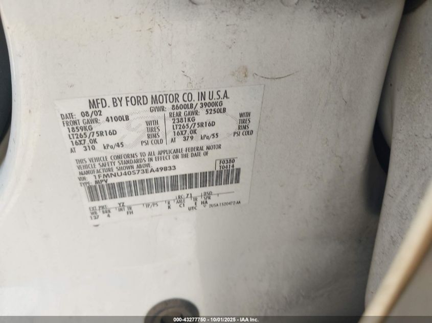 2003 Ford Excursion Xlt VIN: 1FMNU40S73EA49833 Lot: 43277750