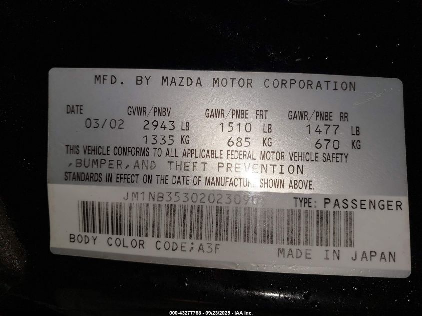 2002 Mazda Mx-5 Miata Cloth/Ls/Se VIN: JM1NB353020230905 Lot: 43277768