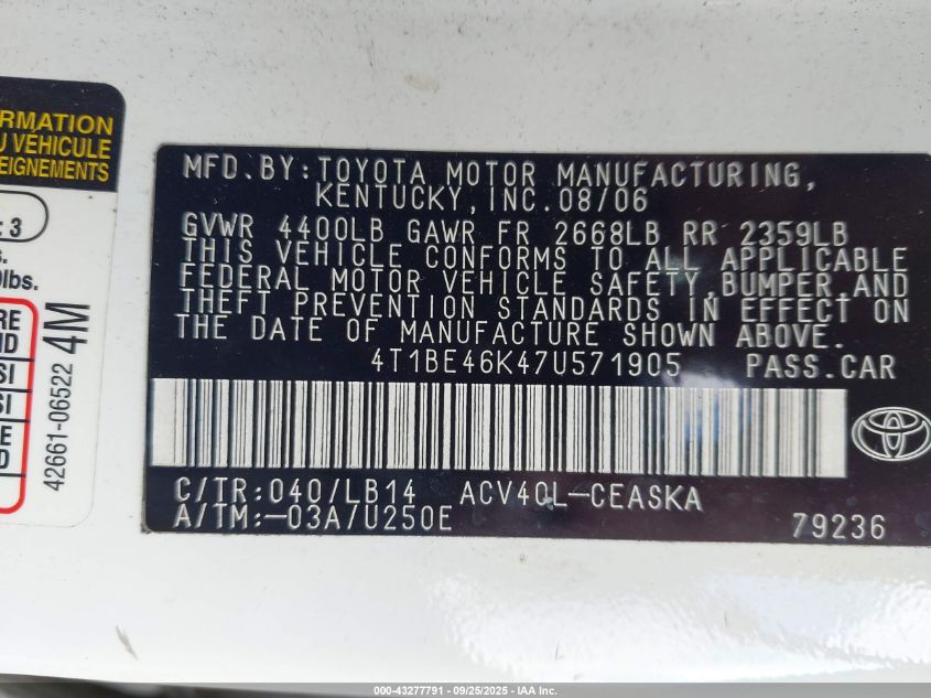 2007 Toyota Camry Se VIN: 4T1BE46K47U571905 Lot: 43277791