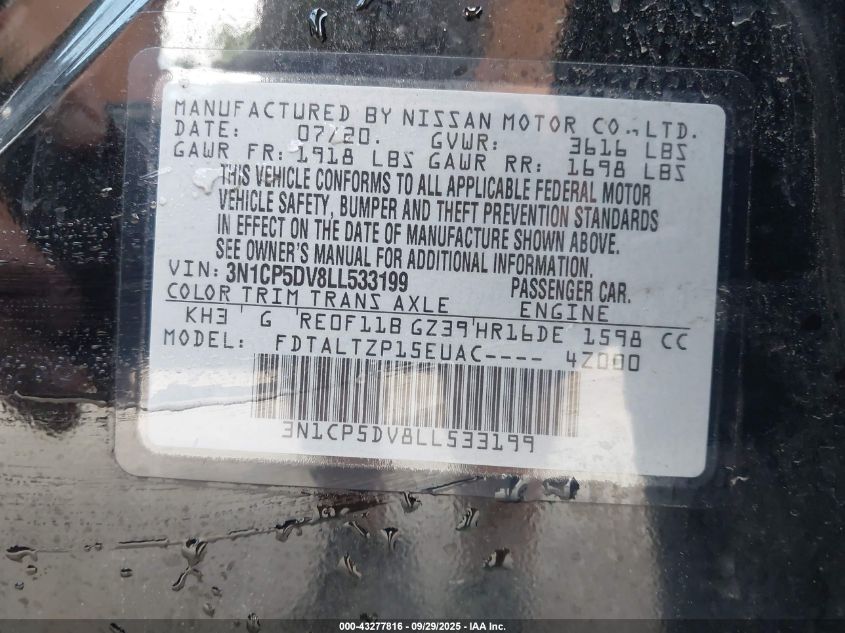 2020 Nissan Kicks Sr Xtronic Cvt VIN: 3N1CP5DV8LL533199 Lot: 43277816