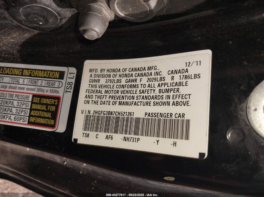 2012 Honda Civic Ex VIN: 2HGFG3B87CH521261 Lot: 43277817