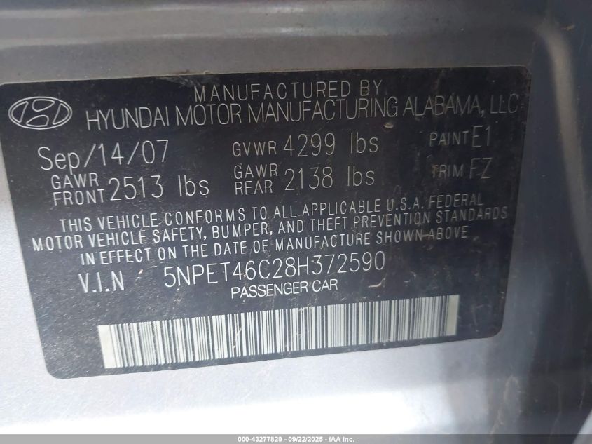 2008 Hyundai Sonata Gls VIN: 5NPET46C28H372590 Lot: 43277829