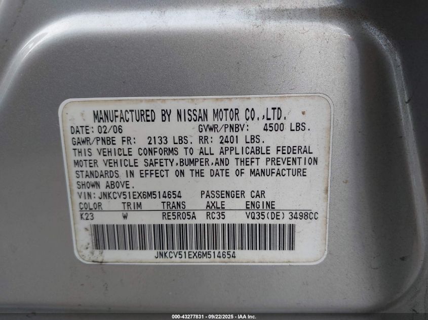 2006 Infiniti G35 VIN: JNKCV51EX6M514654 Lot: 43277831