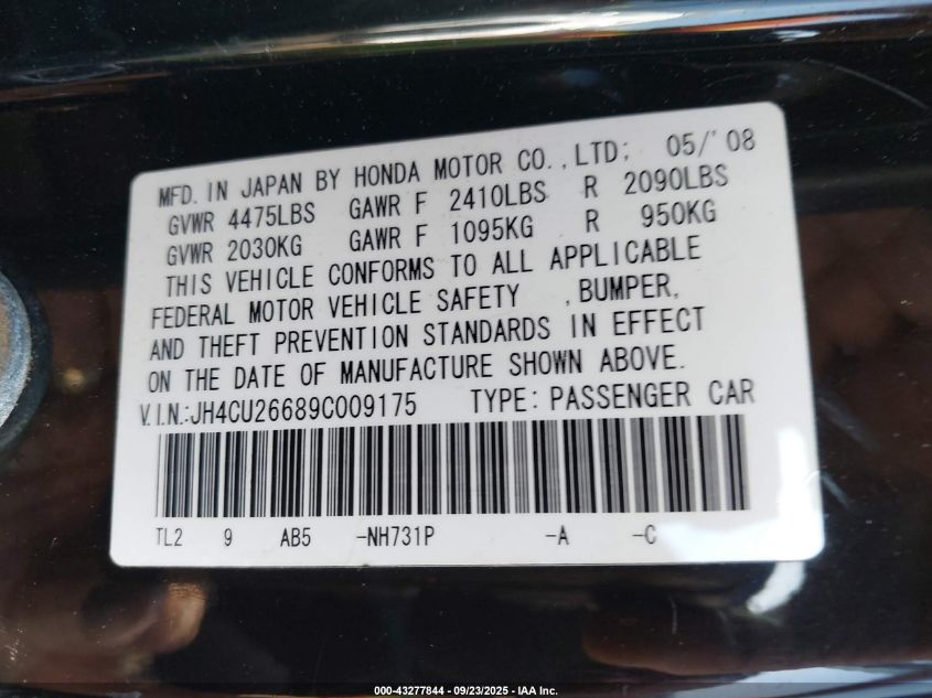 2009 Acura Tsx VIN: JH4CU26689C009175 Lot: 43277844