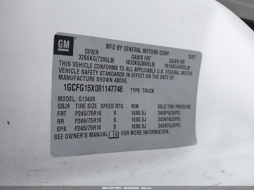 2008 Chevrolet Express Work Van VIN: 1GCFG15X081147748 Lot: 43277852