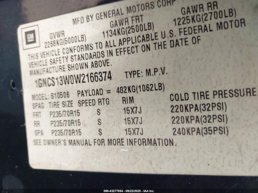 1998 Chevrolet Blazer Ls VIN: 1GNCS13W0W2166374 Lot: 43277854