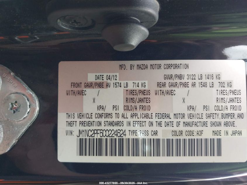 2012 Mazda Mx-5 Miata Grand Touring VIN: JM1NC2PF6C0224624 Lot: 43277855