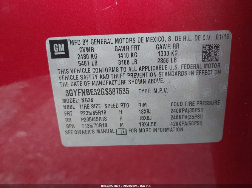 2016 Cadillac Srx Luxury Collection VIN: 3GYFNBE32GS587535 Lot: 43277873