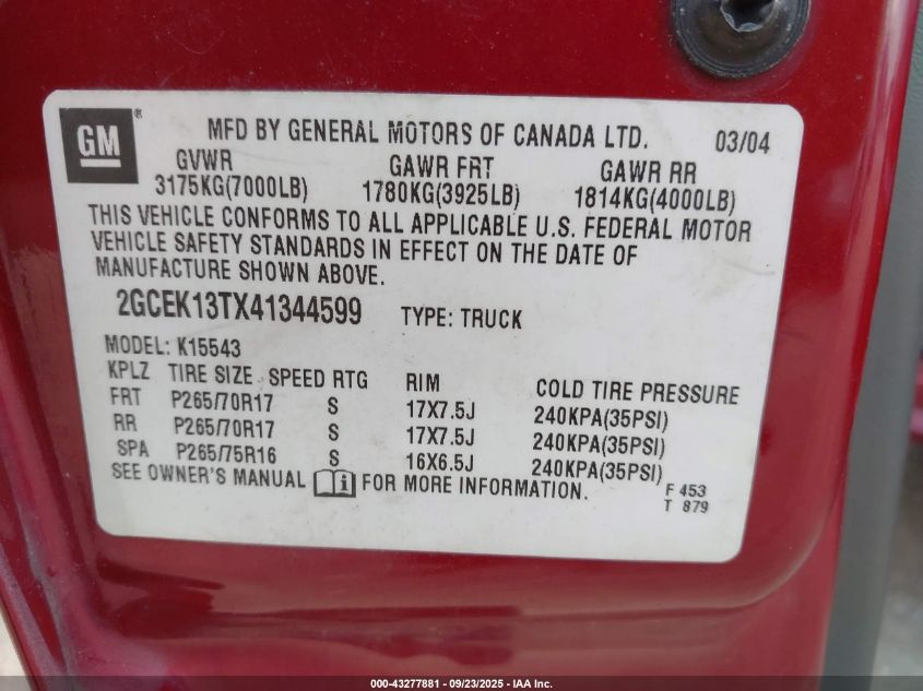 2004 Chevrolet Silverado 1500 Z71 VIN: 2GCEK13TX41344599 Lot: 43277881