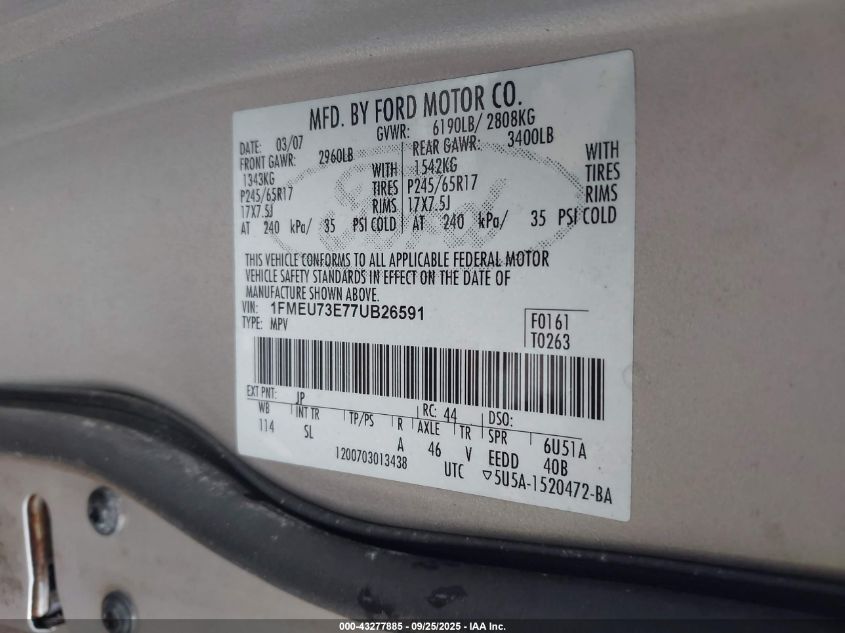 2007 Ford Explorer Xlt VIN: 1FMEU73E77UB26591 Lot: 43277885