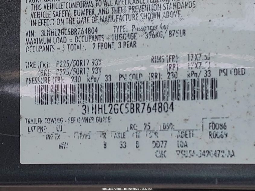 2011 Lincoln Mkz VIN: 3LNHL2GC5BR764804 Lot: 43277886