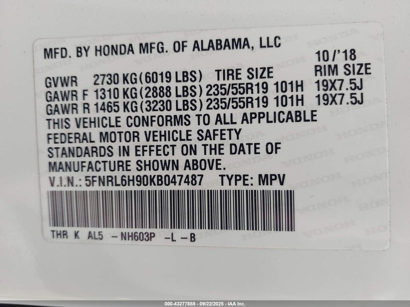 2019 HONDA ODYSSEY ELITE 5FNRL6H90KB047487