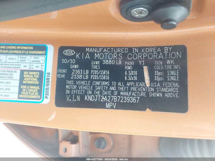 2011 Kia Soul + VIN: KNDJT2A27B7239367 Lot: 43277895