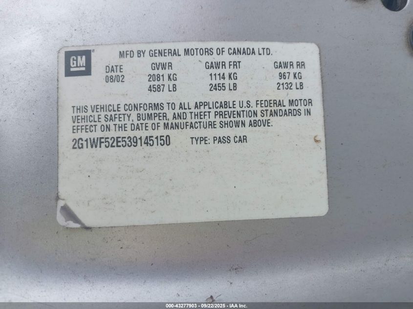 2003 Chevrolet Impala VIN: 2G1WF52E539145150 Lot: 43277903