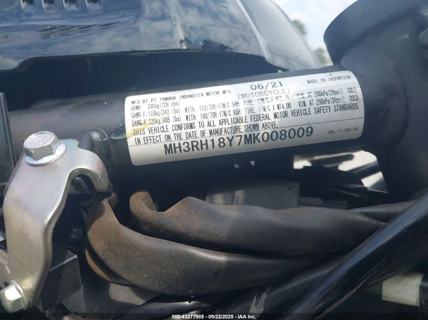 2021 Yamaha Yzfr3 A VIN: MH3RH18Y7MK008009 Lot: 43277905