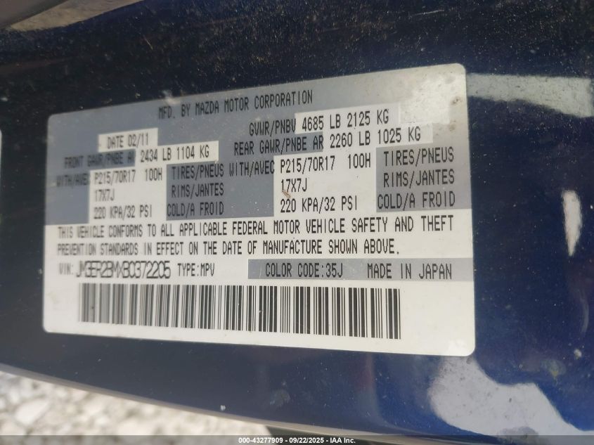 2011 Mazda Cx-7 I Sport VIN: JM3ER2BMXB0372205 Lot: 43277909