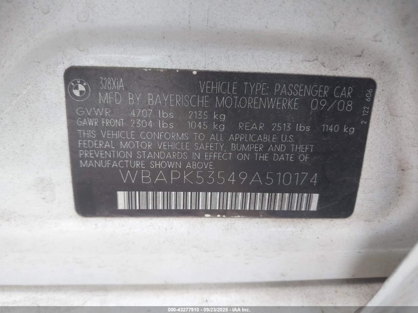 2009 BMW 328 Xi Sulev VIN: WBAPK53549A510174 Lot: 43277910