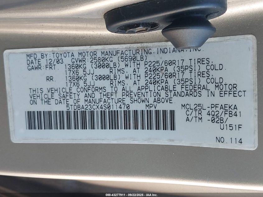 2004 Toyota Sienna Le VIN: 5TDBA23CX4S011470 Lot: 43277911