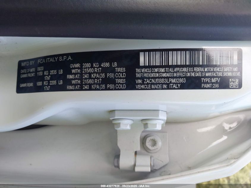 2020 Jeep Renegade Latitude 4X4 VIN: ZACNJBBB3LPM02863 Lot: 43277928