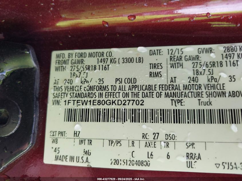 2016 Ford F-150 Xlt VIN: 1FTEW1E80GKD27702 Lot: 43277929