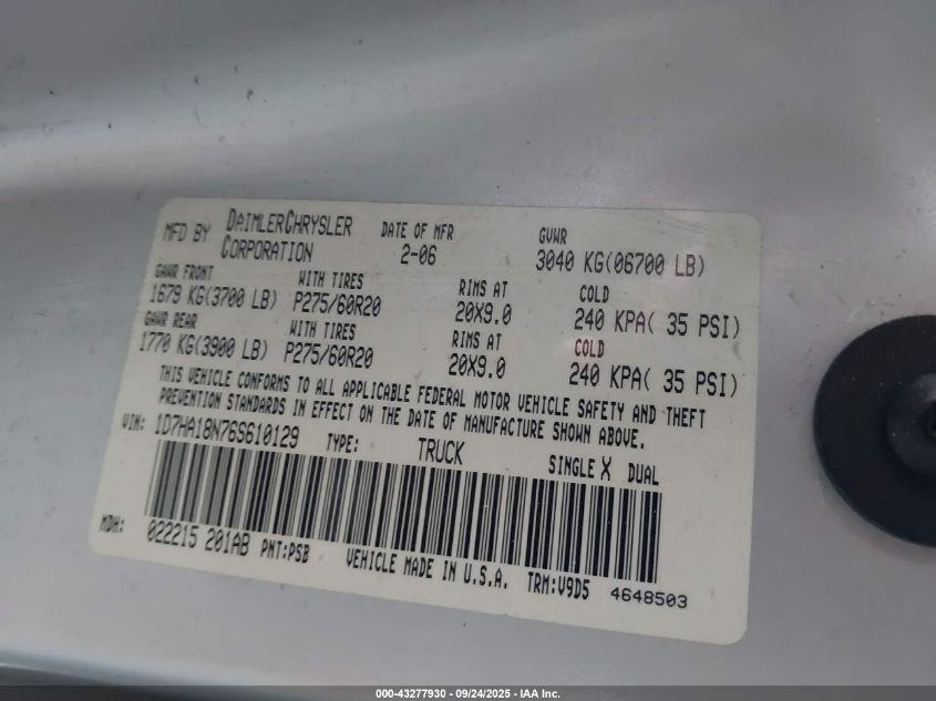 2006 Dodge Ram 1500 Slt VIN: 1D7HA18N76S610129 Lot: 43277930