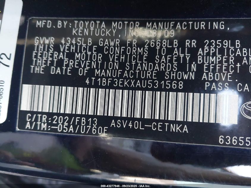 2010 Toyota Camry VIN: 4T1BF3EKXAU531568 Lot: 43277946