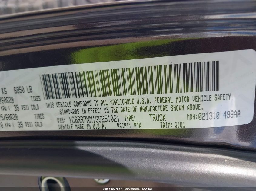 2016 Ram 1500 Laramie VIN: 1C6RR7NM1GS251021 Lot: 43277947