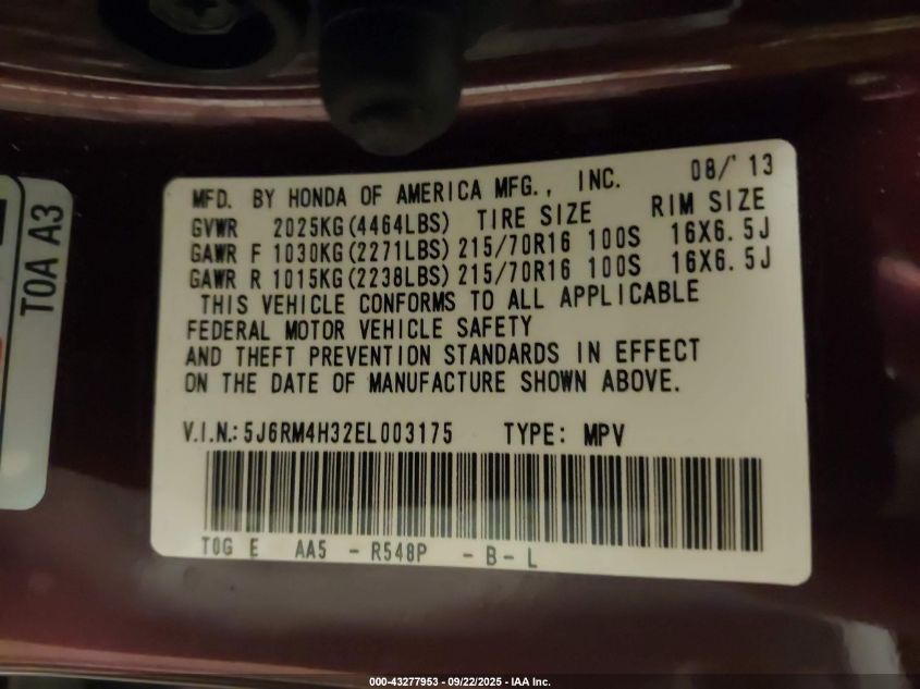 2014 Honda Cr-V Lx VIN: 5J6RM4H32EL003175 Lot: 43277953