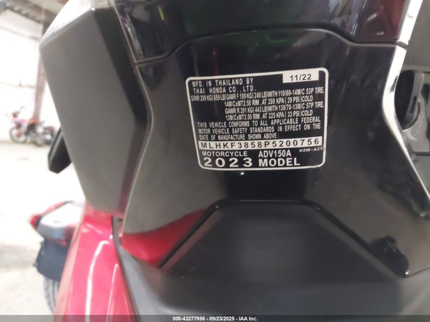 2023 Honda Adv150 A VIN: MLHKF3858P5200756 Lot: 43277956