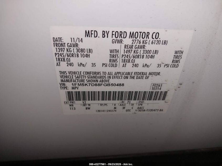 2015 Ford Explorer Xlt VIN: 1FM5K7D88FGB50488 Lot: 43277961