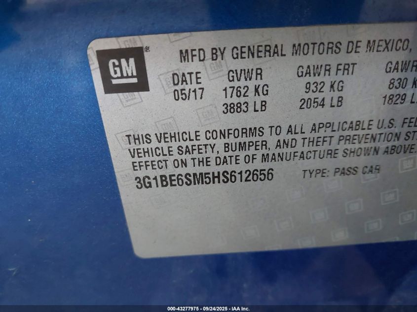 2017 Chevrolet Cruze Lt Auto VIN: 3G1BE6SM5HS612656 Lot: 43277975