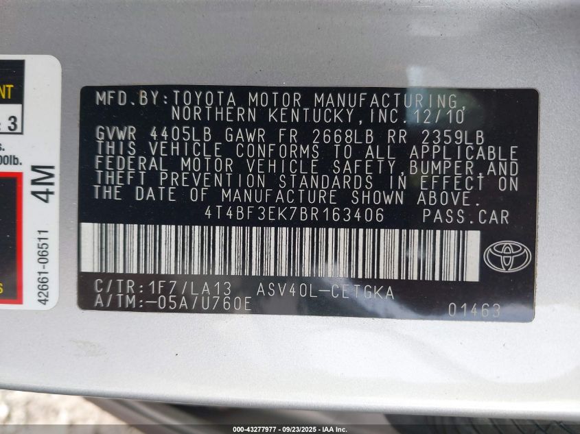 2011 Toyota Camry Xle VIN: 4T4BF3EK7BR163406 Lot: 43277977