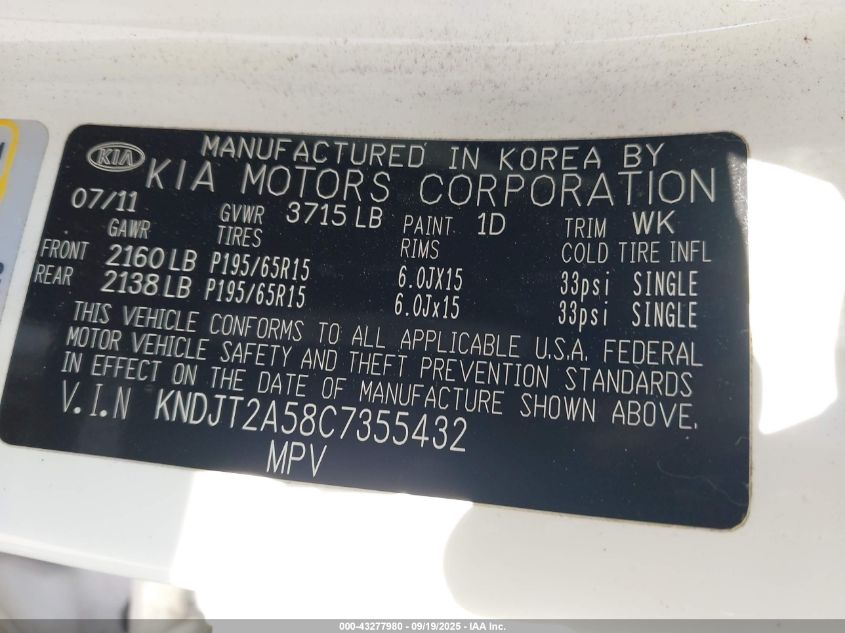 2012 Kia Soul VIN: KNDJT2A58C7355432 Lot: 43277980