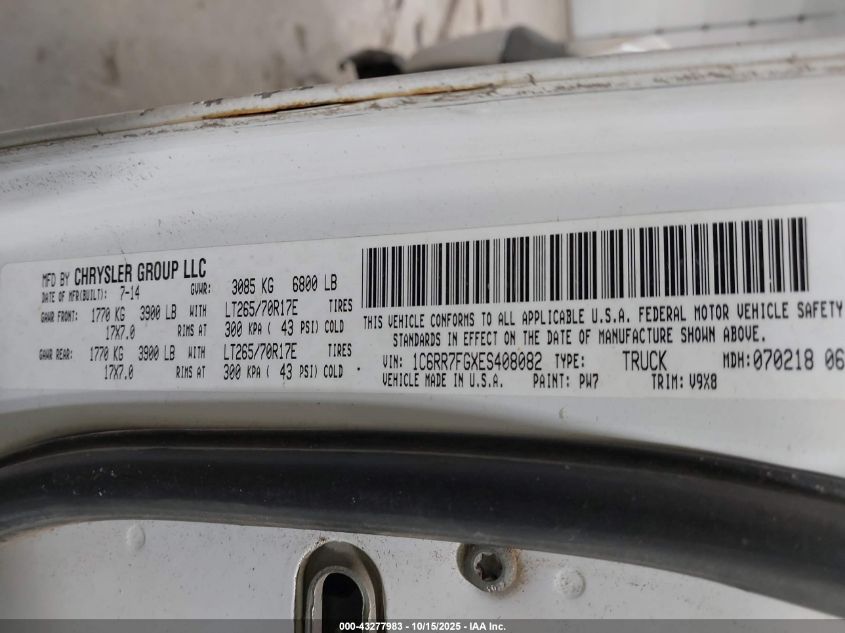 2014 Ram 1500 Tradesman VIN: 1C6RR7FGXES408082 Lot: 43277983