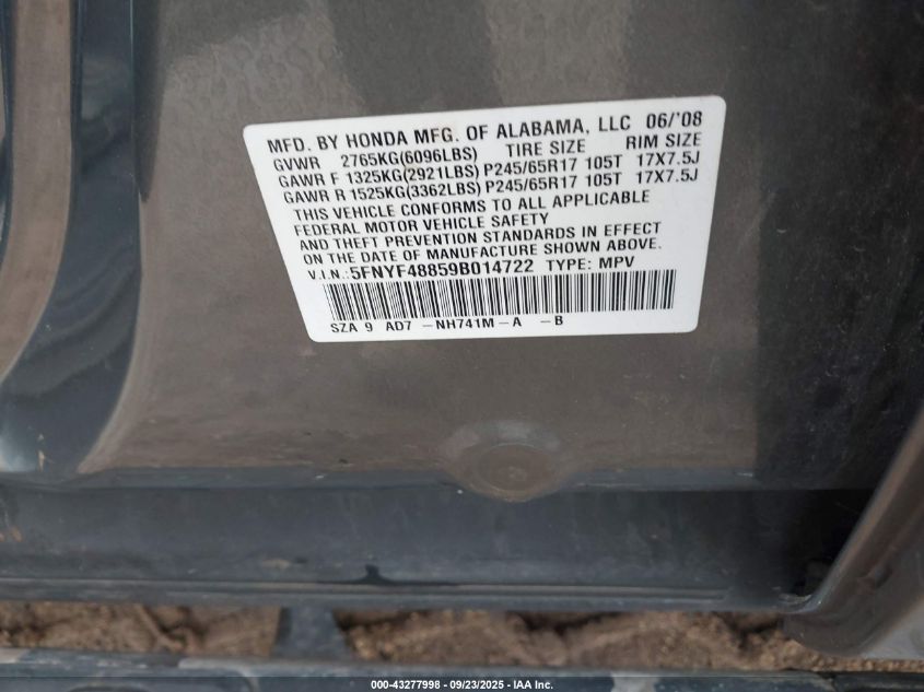 2009 Honda Pilot Touring VIN: 5FNYF48859B014722 Lot: 43277998