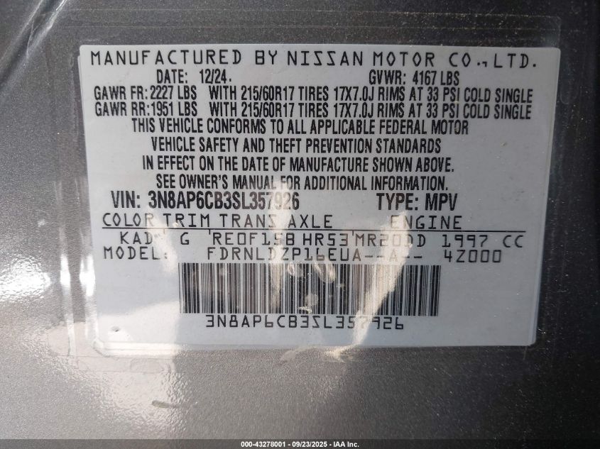 2025 Nissan Kicks Sv Intelligent Awd VIN: 3N8AP6CB3SL357926 Lot: 43278001