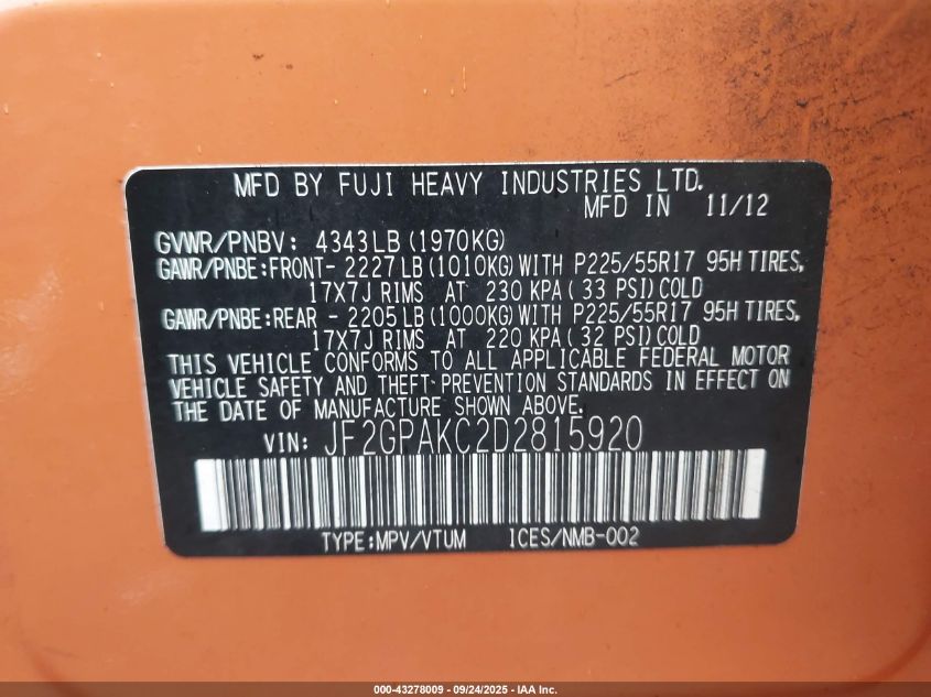 2013 Subaru Xv Crosstrek 2.0I Limited VIN: JF2GPAKC2D2815920 Lot: 43278009