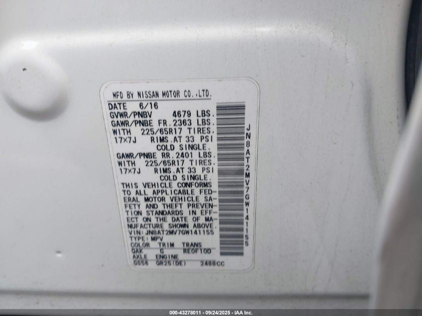2016 Nissan Rogue S VIN: JN8AT2MV7GW141155 Lot: 43278011