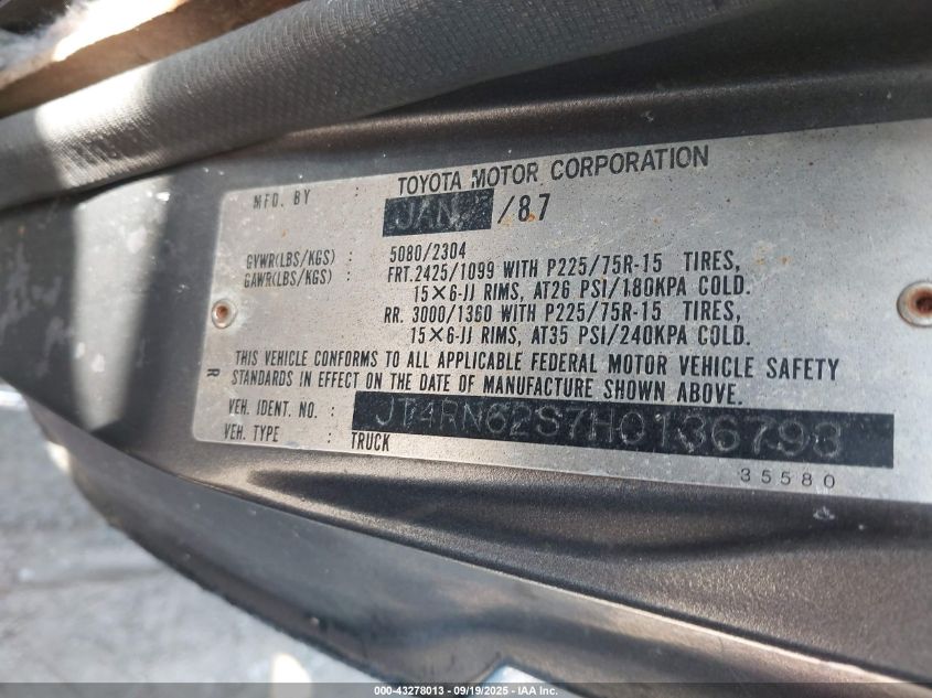 1987 Toyota 4Runner Rn60 VIN: JT4RN62S7H0136793 Lot: 43278013