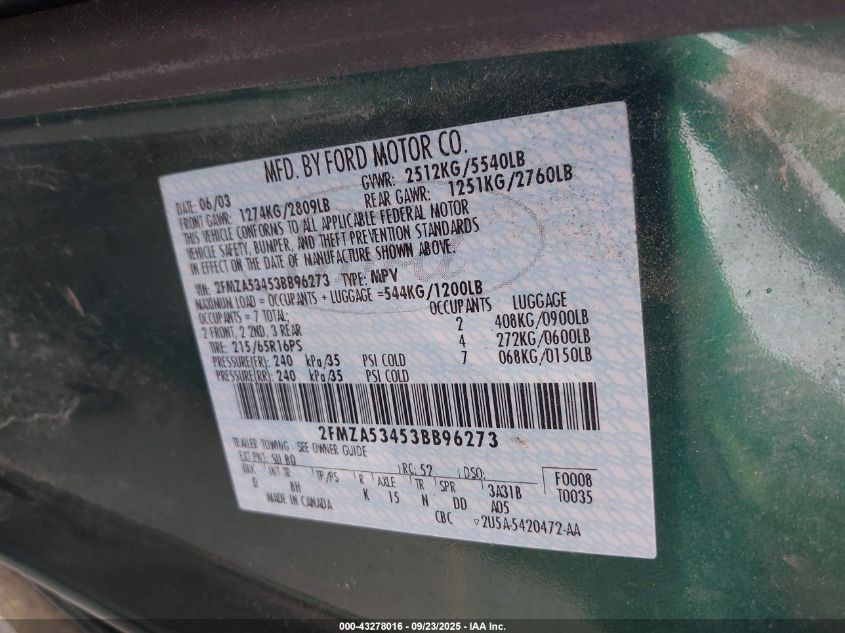 2003 Ford Windstar Sel VIN: 2FMZA53453BB96273 Lot: 43278016