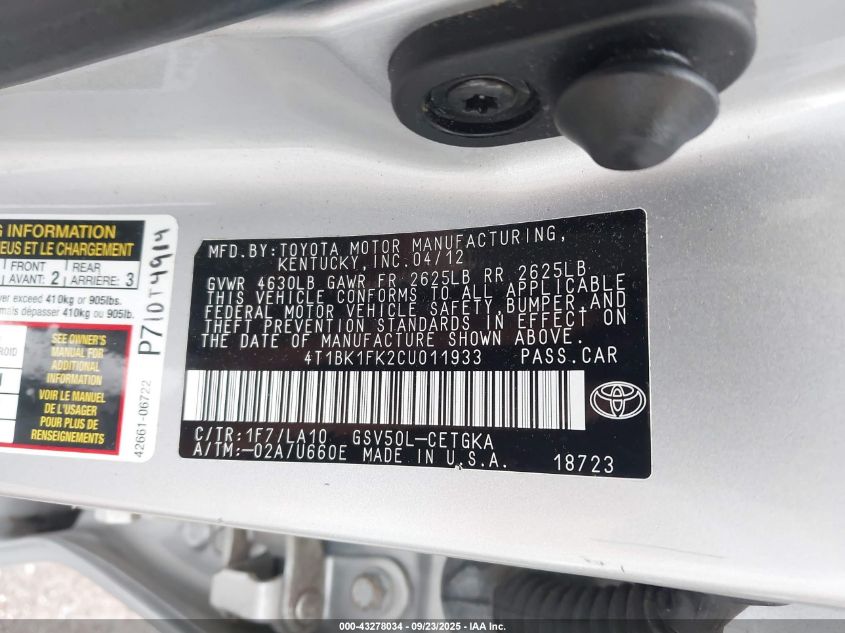 2012 Toyota Camry Xle V6 VIN: 4T1BK1FK2CU011933 Lot: 43278034