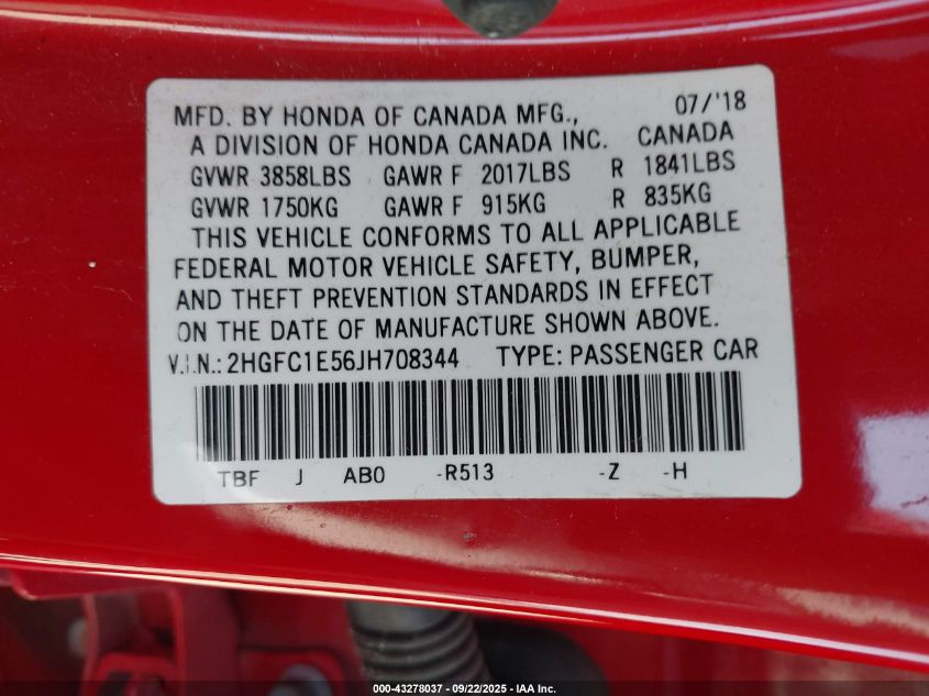 2018 Honda Civic Si VIN: 2HGFC1E56JH708344 Lot: 43278037