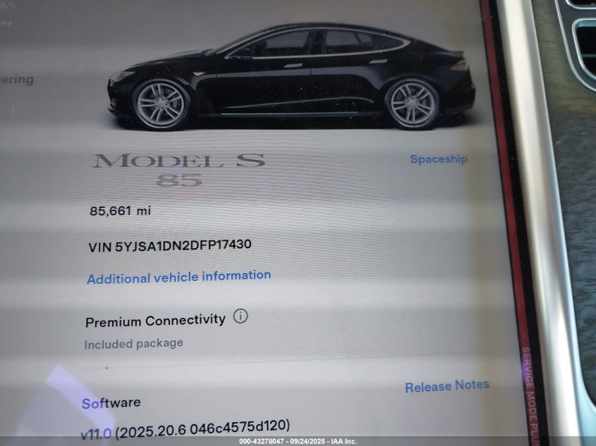 2013 Tesla Model S VIN: 5YJSA1DN2DFP17430 Lot: 43278047