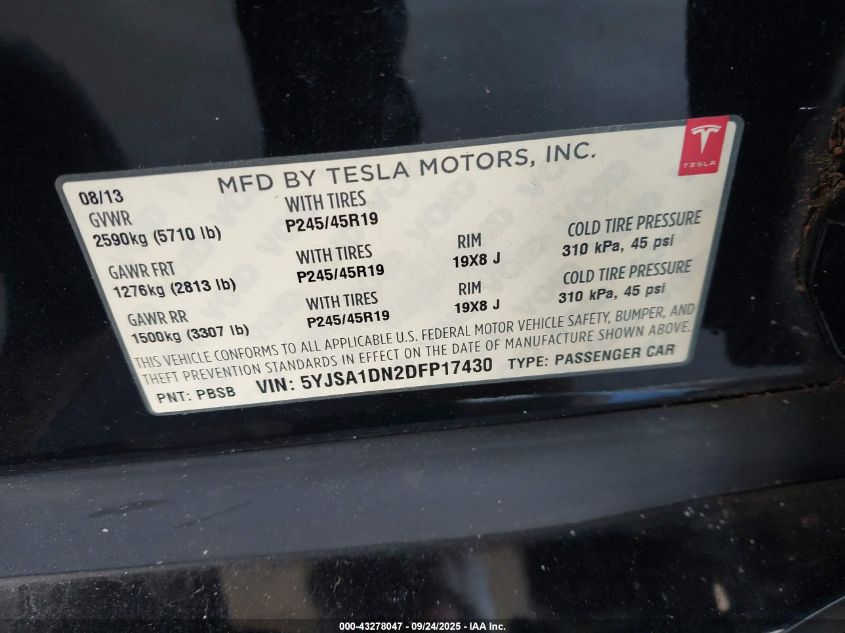 2013 Tesla Model S VIN: 5YJSA1DN2DFP17430 Lot: 43278047